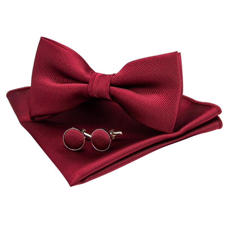 JEMYGINS Solid Color Bow Tie and Pocket Square With Cufflinks Sets for Men (burgundy) - Image 2